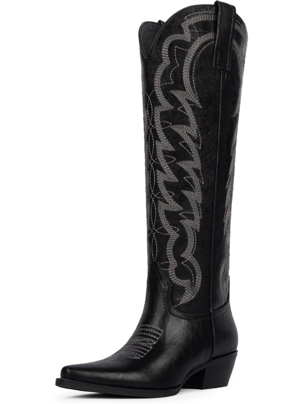 Women's Black Butterfly Wide Calf Pointed Toe Chunky Heeled Knee High Boots